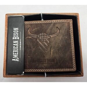 American Bison Genuine Leather Bifold Wallet Brown With Box